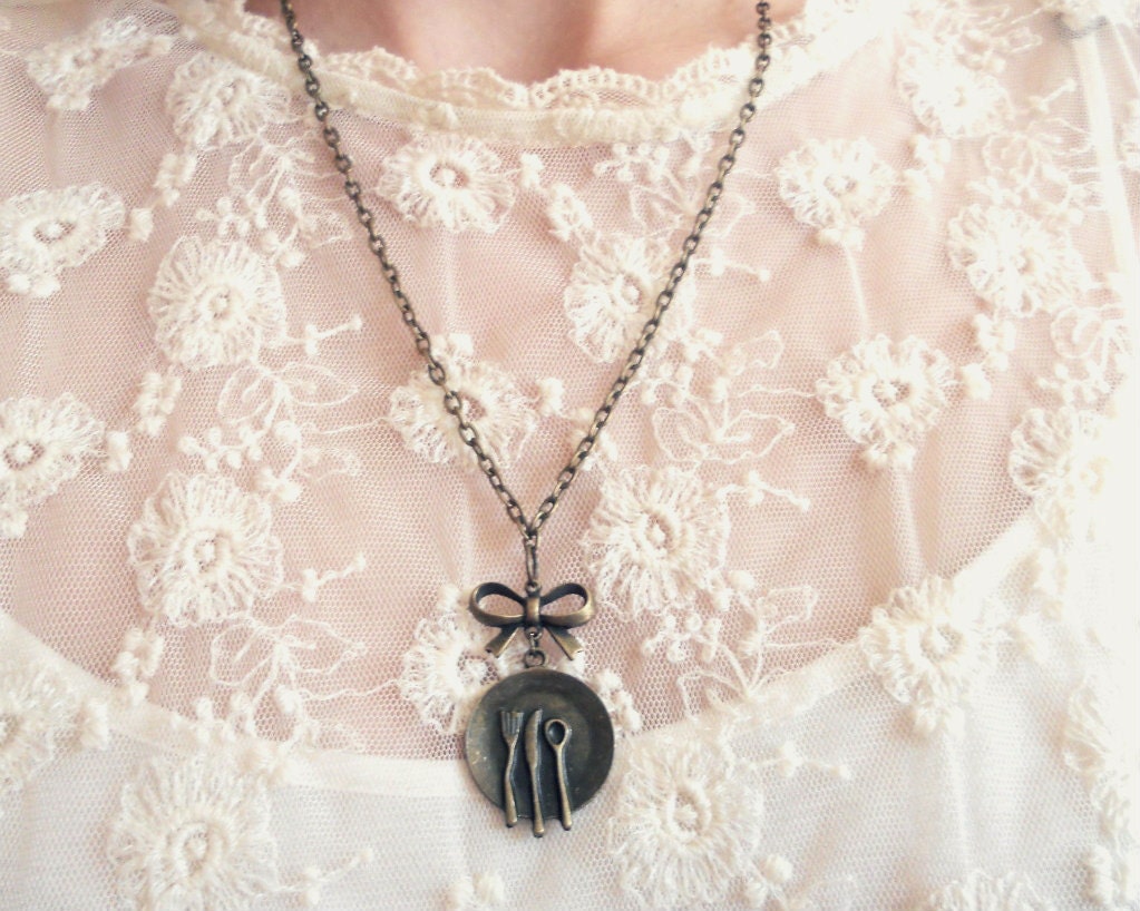 Retro food chain necklace . antiqued bronze tone necklace . Bon Appetit