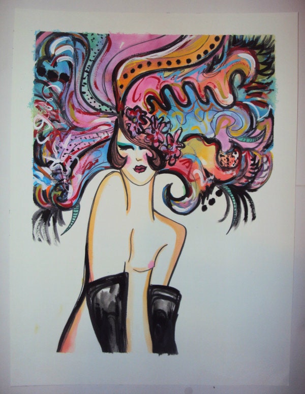 Burlesque Dancer Feather Headdress Watercolor Portrait