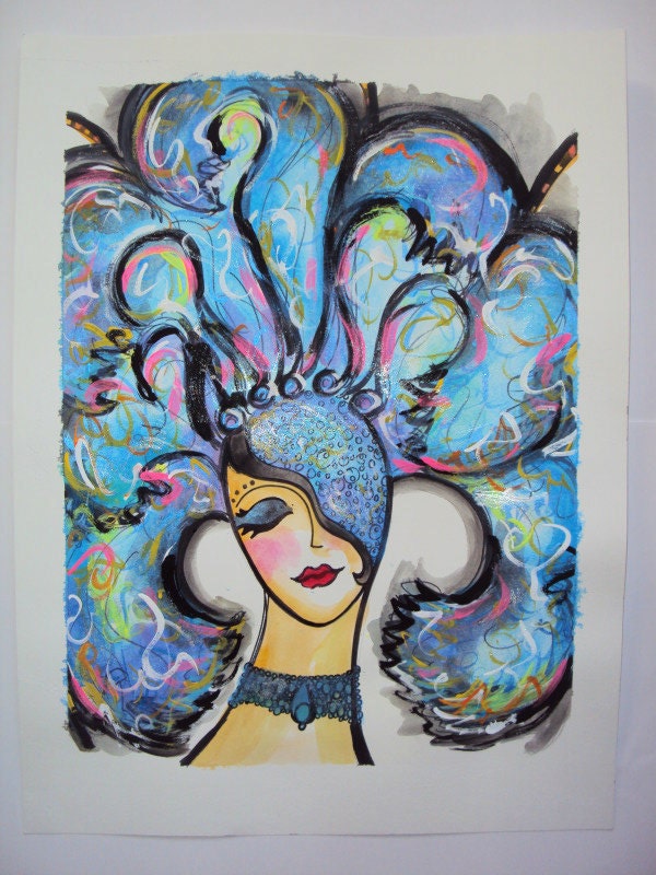 Original Watercolor Zeigfeld Follies Inspired Broadway Entertainer Watercolor Portrait (Peacock Blue)
