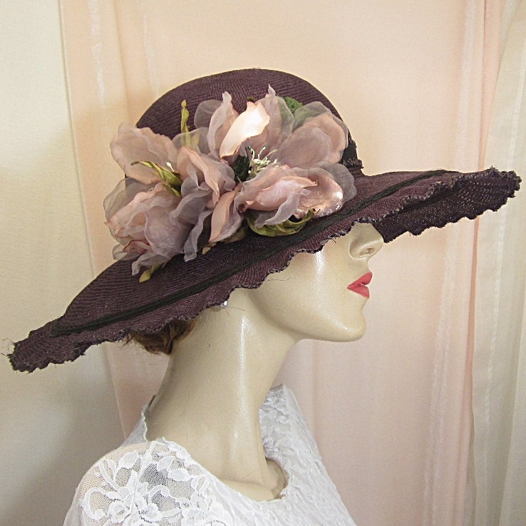 Romantic eggplant colored large brimmed hat for Downton Abbey party, Kentucky Derby or wedding.