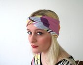 Mod print headband, stretch cotton jersey turban wist headband, pink purple orange gray yellow black and white abstract print (H26)