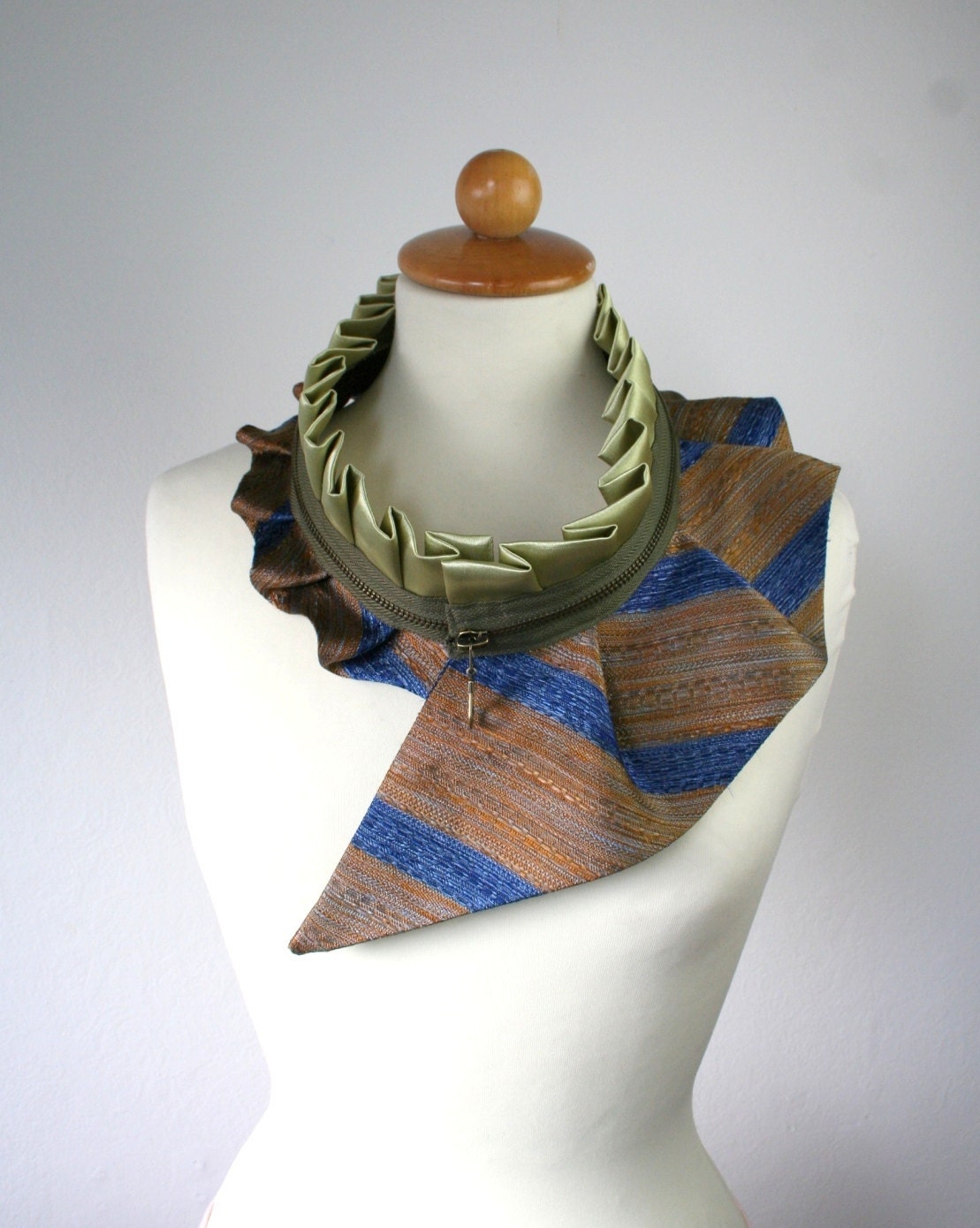 Earthy tones collar, striped brown blue collar, green, massive zipper collar, women's collar, eco fashion (50)