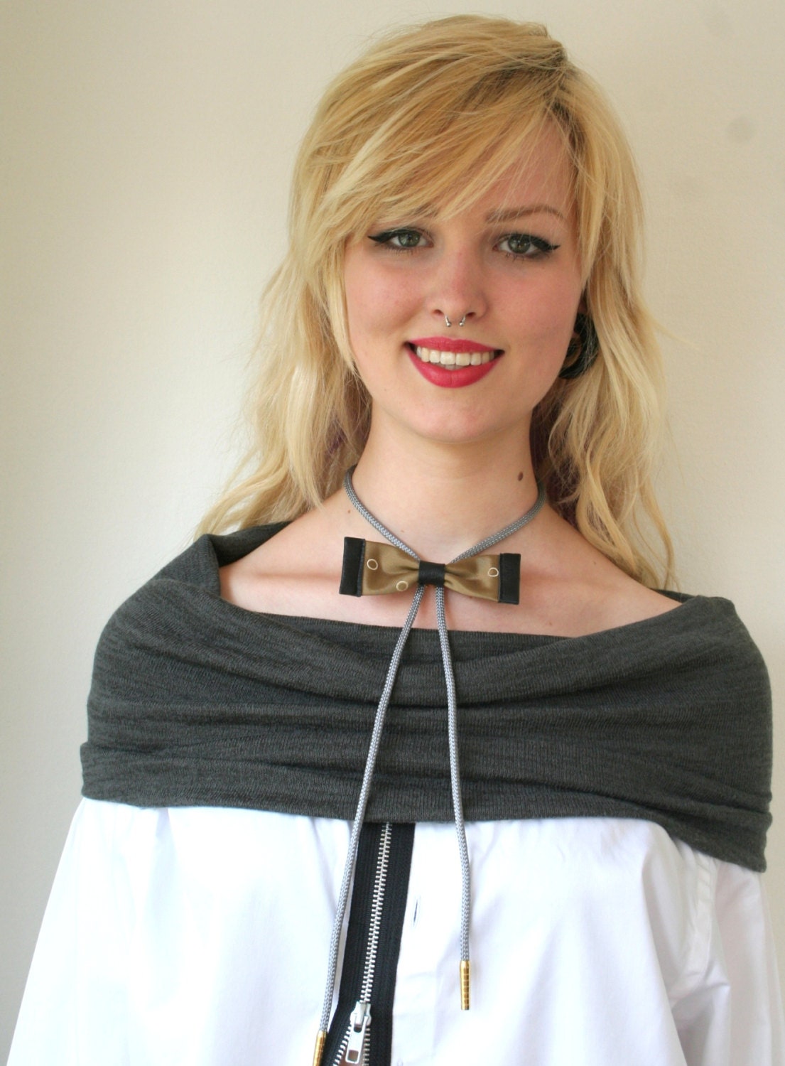 Silk and leather bow tie bolo, brown black gray, circles, upcycled accessory, geeky / nerdy, women's and men's fashion