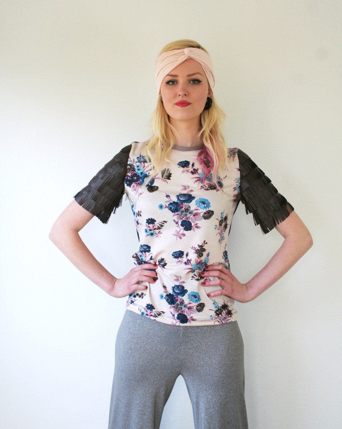 Floral and fringe tshirt, short sleeved, jersey, knit and faux leather, shades of pink blue and brown, made to order