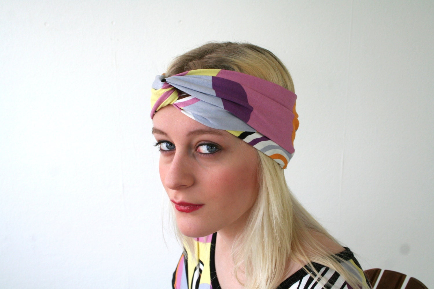 Mod print headband, stretch cotton jersey turban wist headband, pink purple orange gray yellow black and white abstract print (H26)