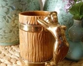 Vintage Ceramic Mug in Barrel Shape with Nude Woman Handle in Gold 1970s