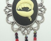 Vampire's Bite Necklace with Czech Crystals, Red Howlite Skull, Bat and Fang Charms - On A Triple Red Ribbon True Blood Inspired