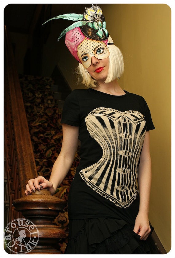Black Corset Tshirt - Womens MEDIUM tee - Victorian Corset