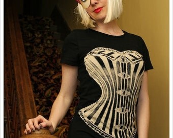 Black Corset Tshirt - Womens MEDIUM tee - Victorian Corset