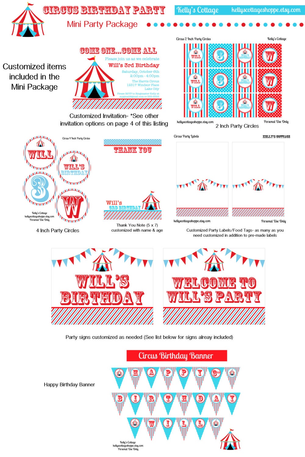 Circus Birthday Party Mini Package...Custom, Printable DIY Package Il_570xn