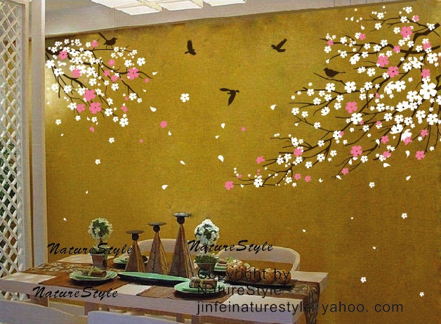 cherry blossom Floral with Flying Birds -cherry blossom decal,wall decal tree decal nursery wall decal baby wall decal children wall decal