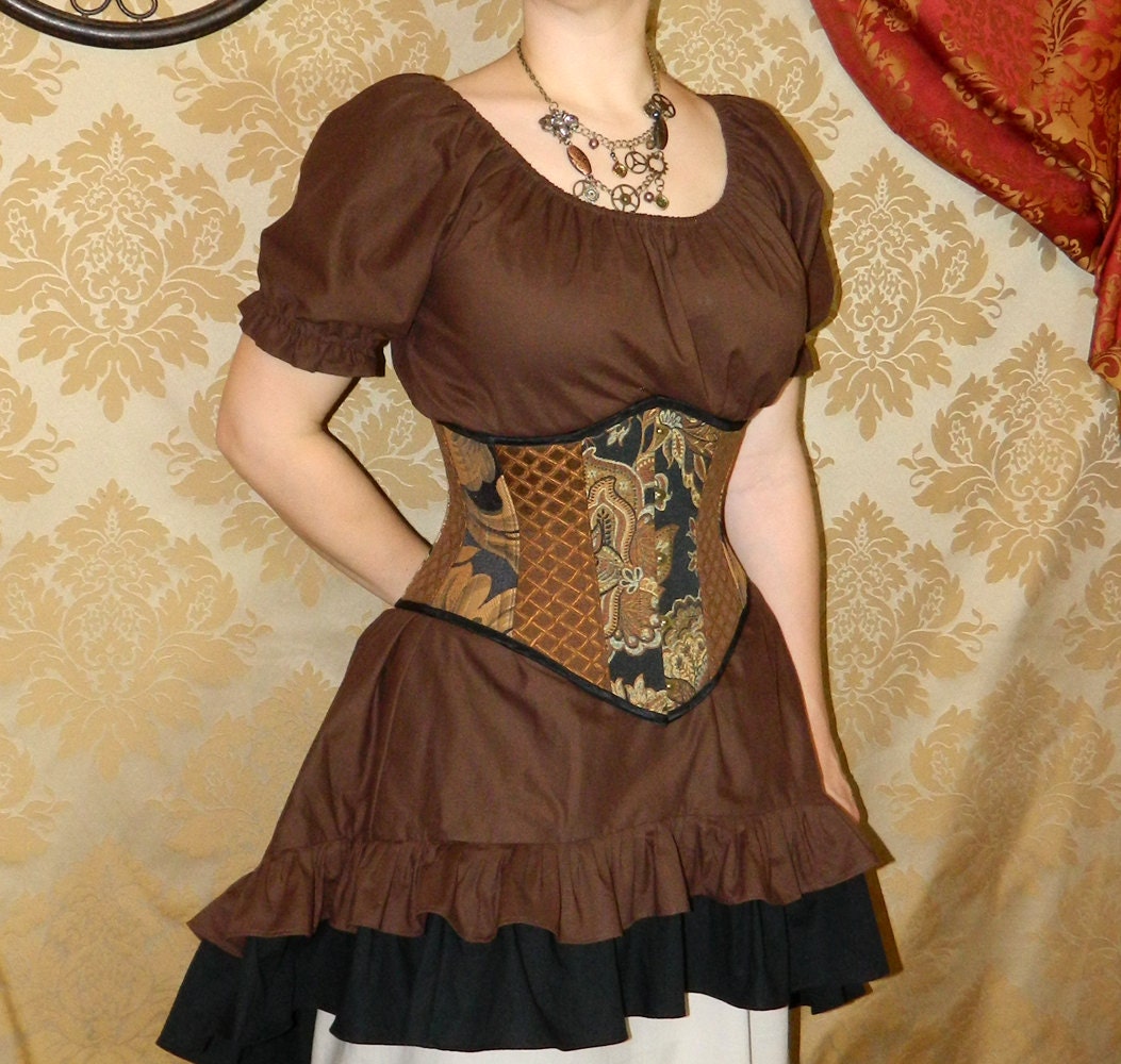 Patchwork Victorian Steampunk Waspie Corset - Deluxe with Modesty Panel - Black, Brown, & Copper - Fits Waist 25"-27" - VeneficaCorsetry