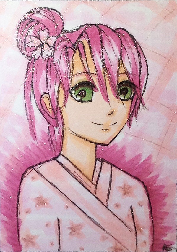 Original ACEO - Anime Manga Pink Hair Girl - Peachy Pink - OOAK ATC Glitter Illustration - Cherry Blossom Sakura Kimono - Copic Markers