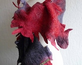 nuno felted scarf, wrap, art to wear, handmade, silk, wool, felt, red, grey, black, felt, ready to ship