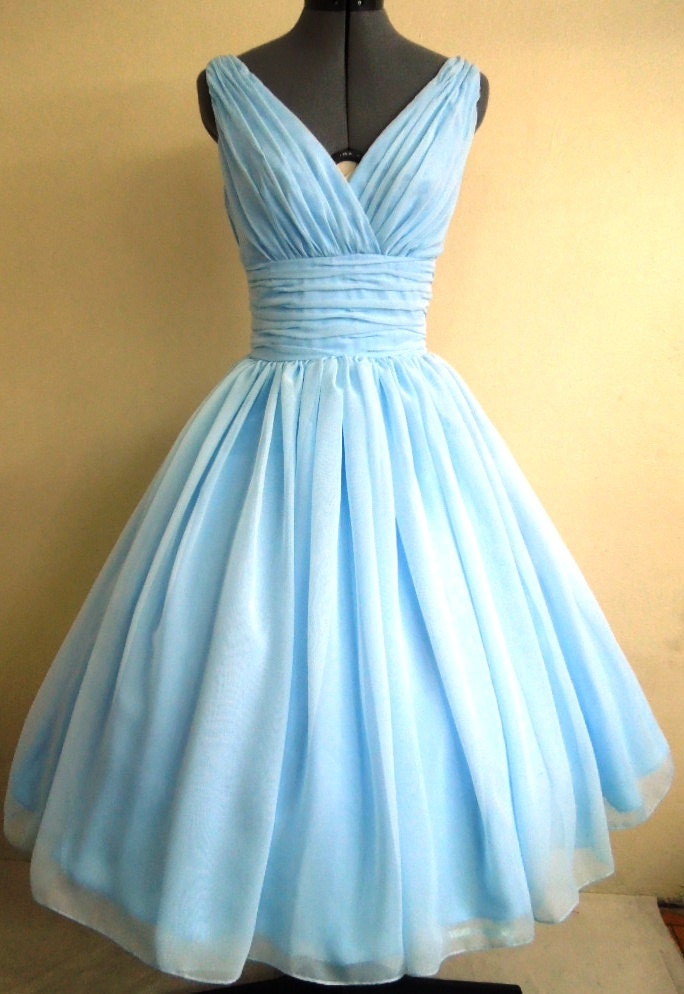 Simple and elegant 50s style dress. Light Sky Blue chiffon overlay, flattering for all sizes