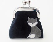 Grey Fox Coin Purse, Small Kiss Lock Snap Change Pouch, Applique Fox, Charcoal and Red