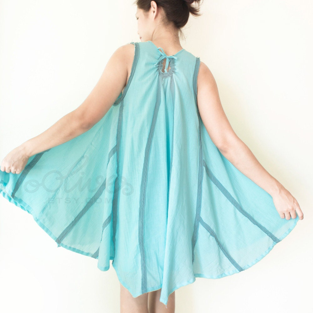Cotton Spring Summer Mini Vest Dress in Turquoise Blue, Free Size