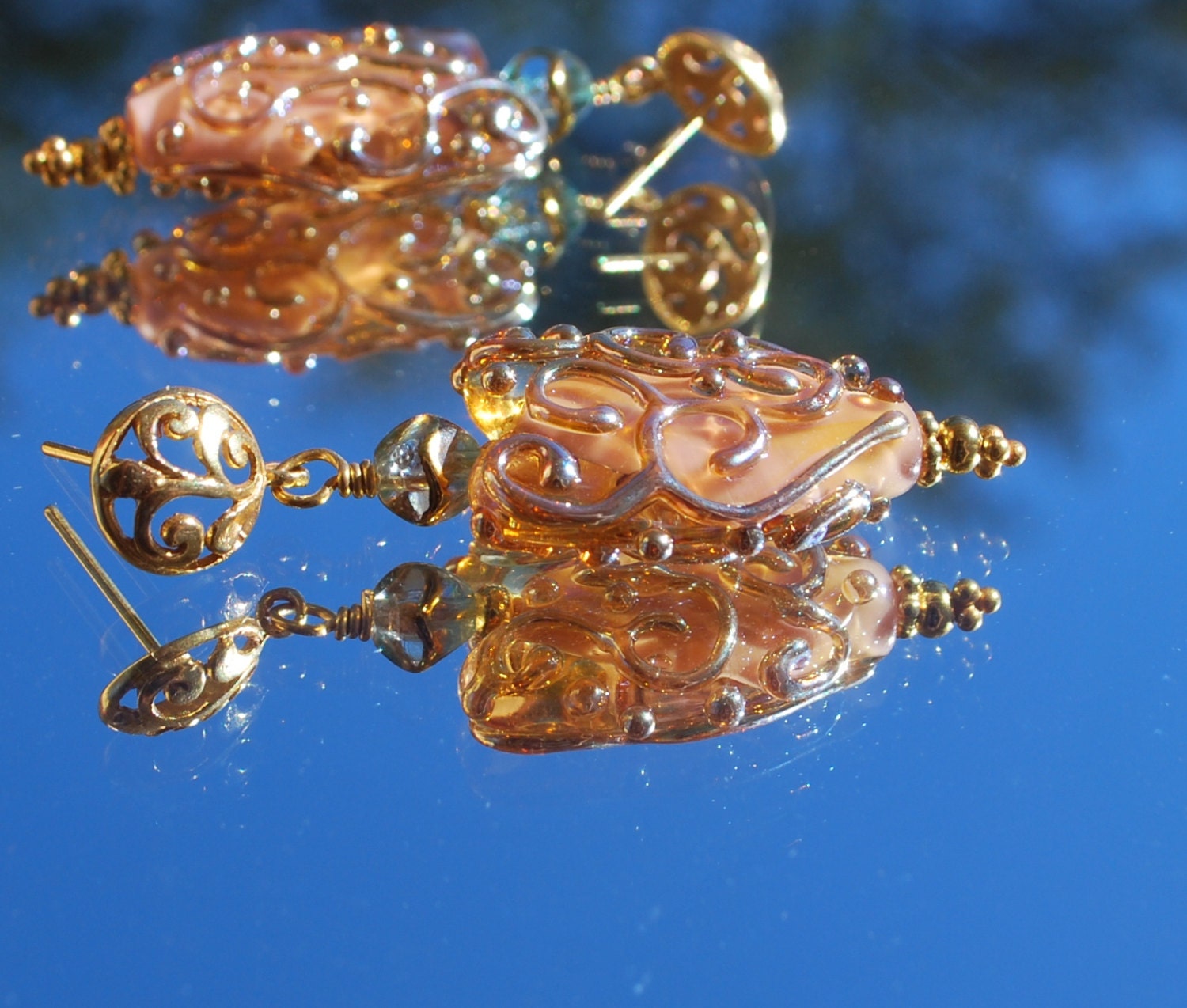 Pink lampwork heart earrings, vermeil components, czech glass accents