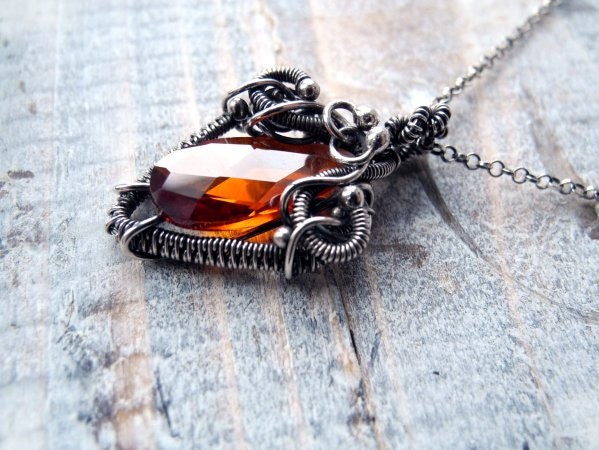 Cubic Zirconia Necklace - Silver Wire Wrapping - Orange Zirconia - Love Necklace - Triangle Arrow Geometric - Bridesmaid Necklace