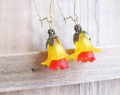 Frosted Yellow and Red Lucite Flower Earrings