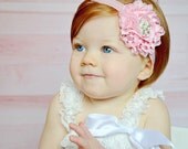 Shabby Flower Headband - Light Pink Bow - Glitter Flower - Infant Headband  - Baby Photo Prop - Chiffon Flower - Summer Headband