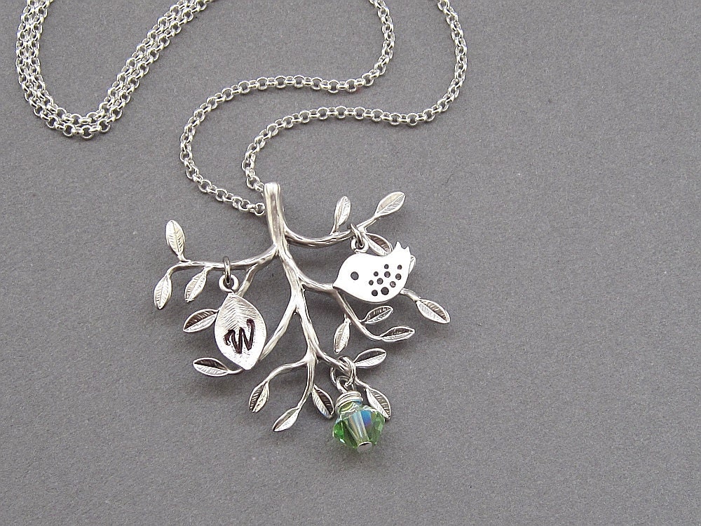 Branch necklace, sterling silver, personalized hand-stamped initial leaf, swarovski crystal birthstone, small bird charm