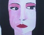 Portrait  of a Woman with Black Hair -- Original Acrylic and Gouache Painting -- FREE SHIPPING