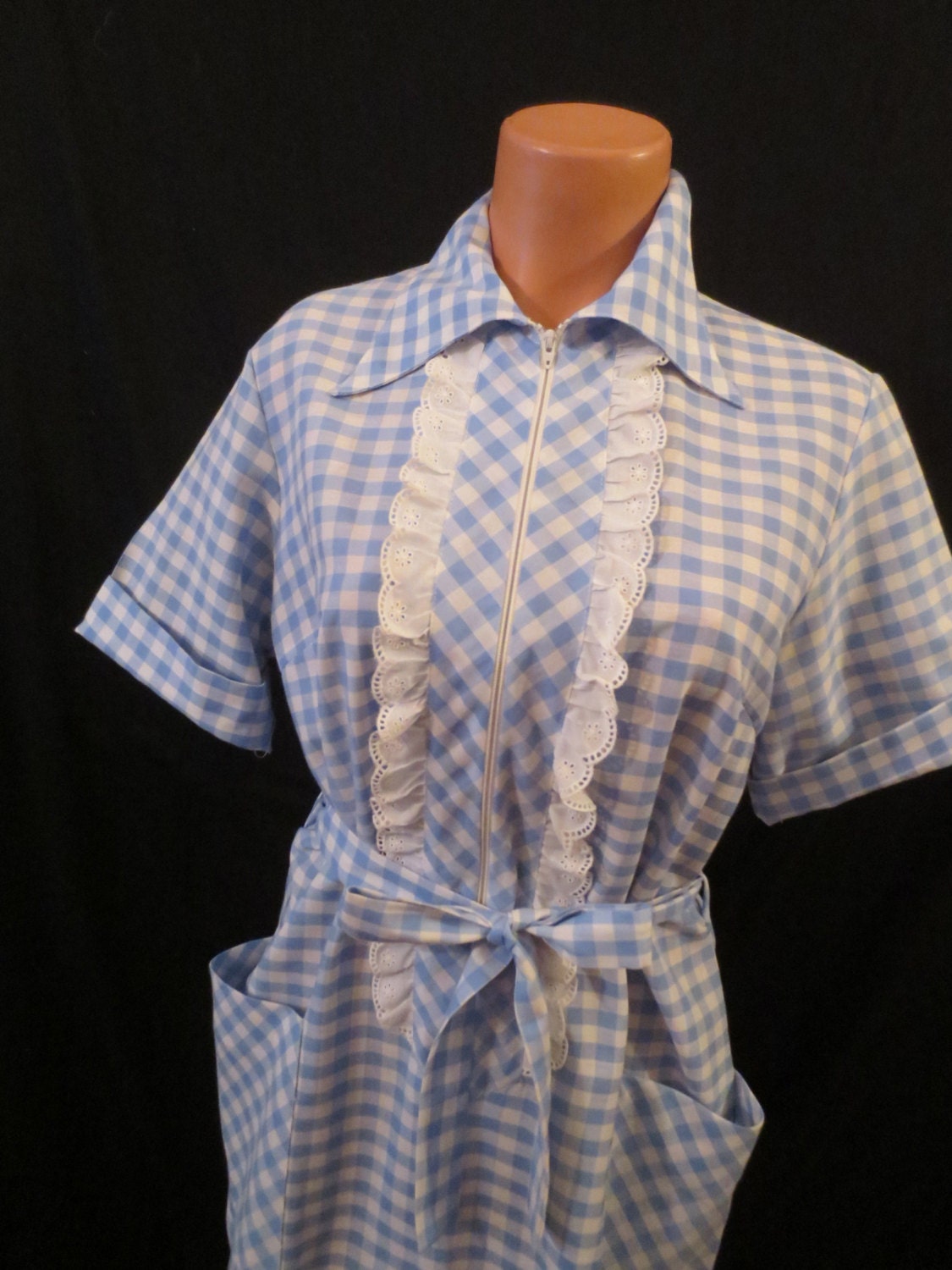 A TISKET, A TASKET blue check house dress - front zipper - Skimmer sz M