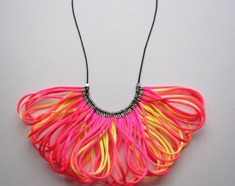 OOAK Ombre Neon Pink and Neon Yellow Statement Bib Necklace, Gift for Her, Rope Jewelry, Spring Summer 2013, Valentine's Day