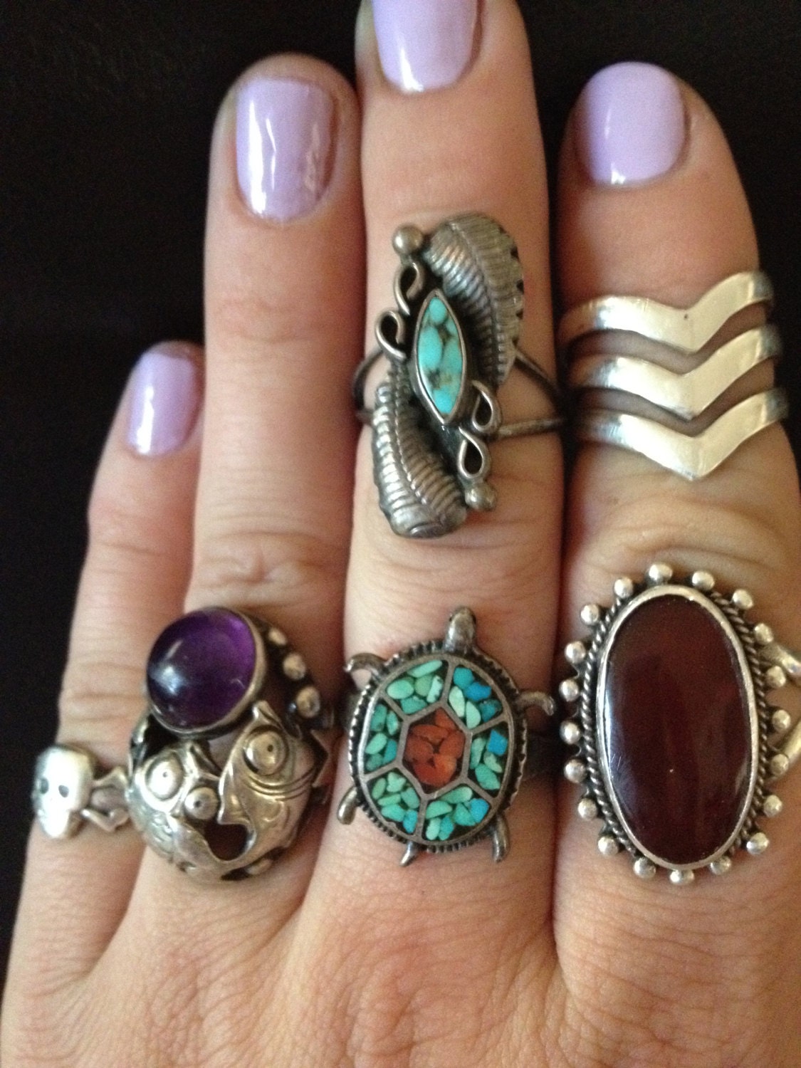 Sterling Silver Vintage Native American Southwestern Turquoise and Feathers Ring SIZE 7