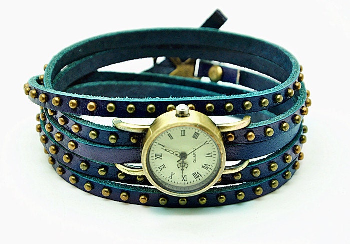 Retro Style Simple Blue leather wrist watch,Handmade Unisex  Personalized  Watch leather wrist watch Bracelet 2270S