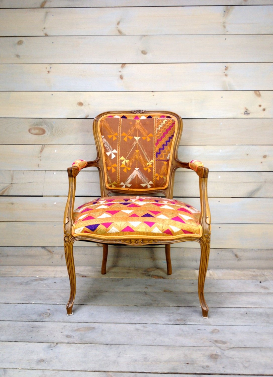 Vintage French Armchair Upholstered in Antique Indian Phulkari