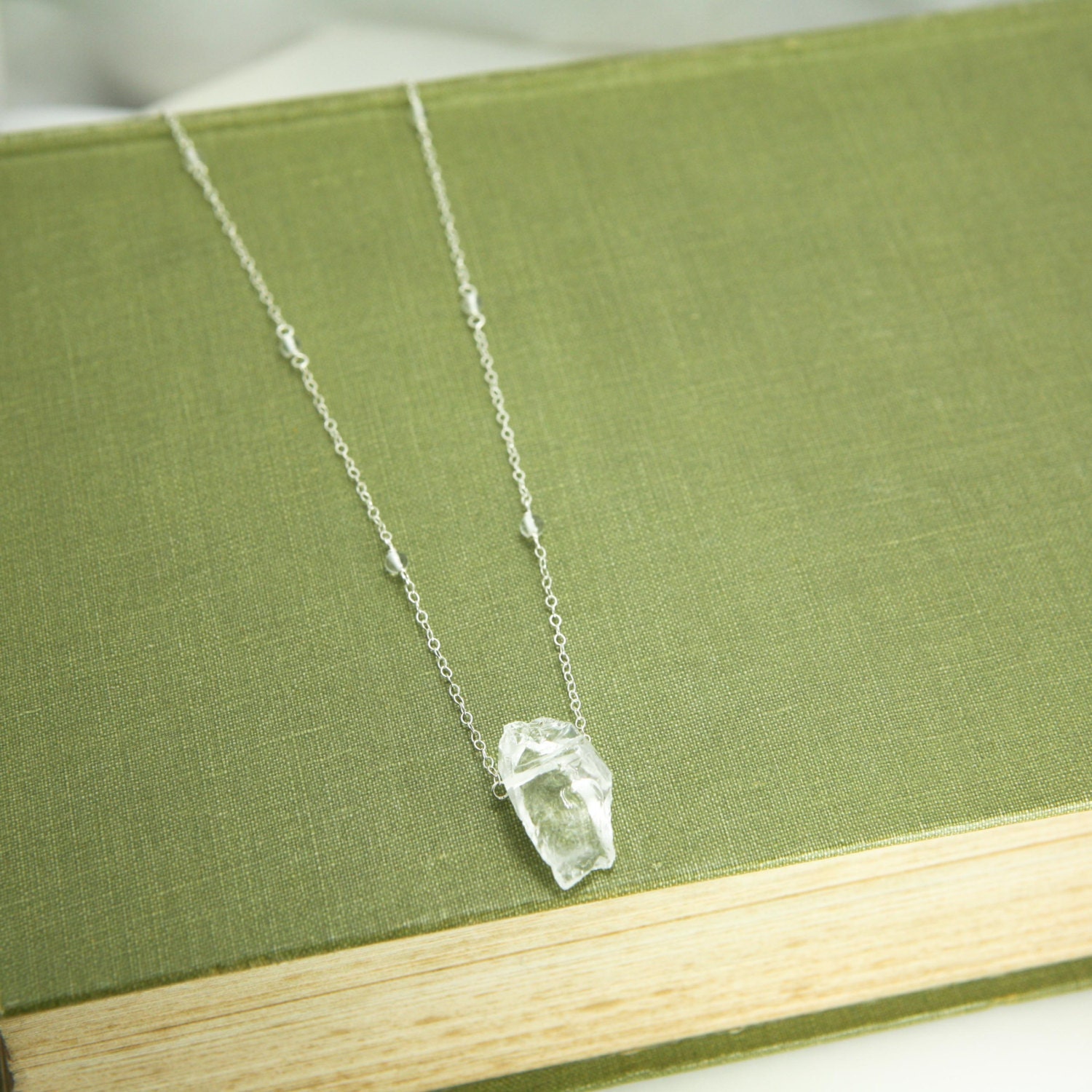Clear Crystal Quartz Necklace - Sterling Silver, Natural Raw Crystal, Delicate Beaded Chain - Focus, Clarity, Meditation, Gemstone Healing
