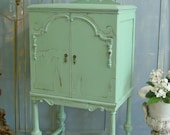 Mini Armoire Cabinet Dresser Antique Furniture for Display or Storage - Shabby Chic Distressed Aqua