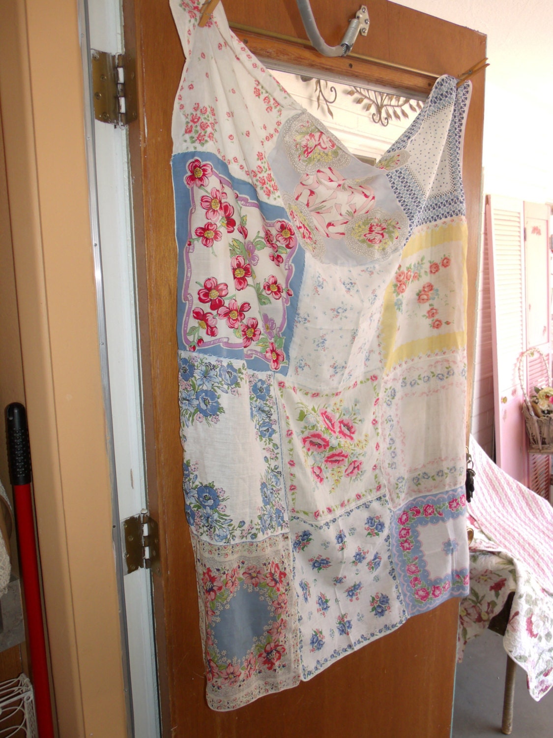 Hankie Curtain Vintage Handmade Valance Table Topper Handsewn Multi Color Cottage Rustic