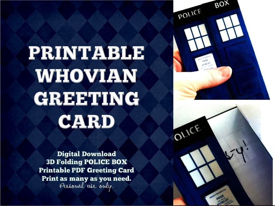 3D Blue Police Box Greeting Card, PRINTABLE VERSION, Instant Digital Download