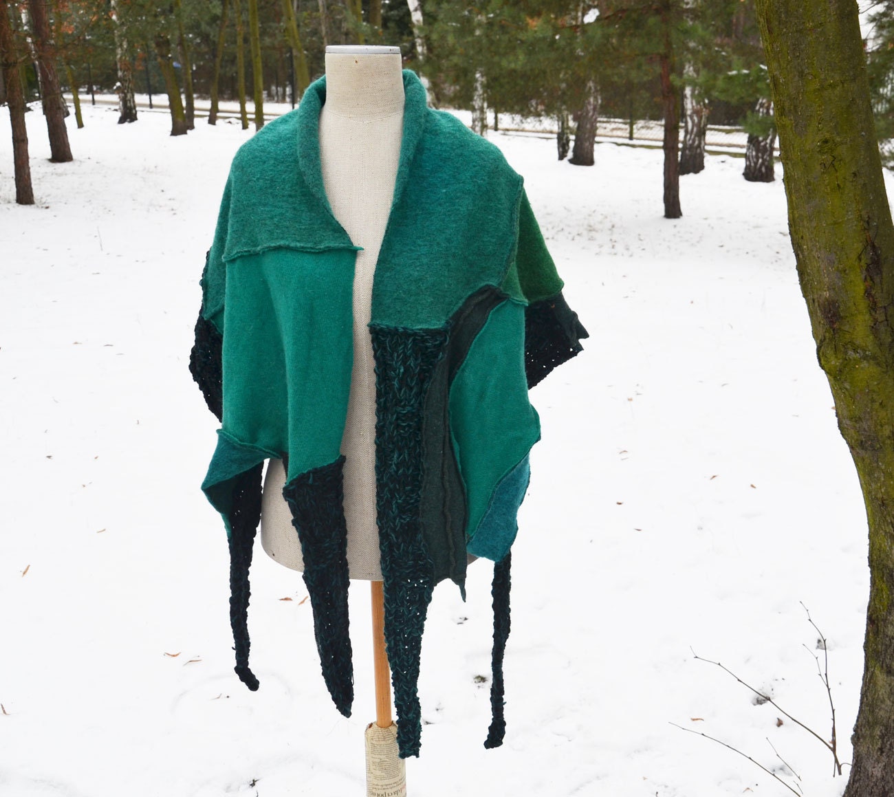 Cozy warm Hand knited shawl tourquise, teal green, evergreen, emerald mint unique, soft felted wool, geometrical, patchwork scarf, fashion