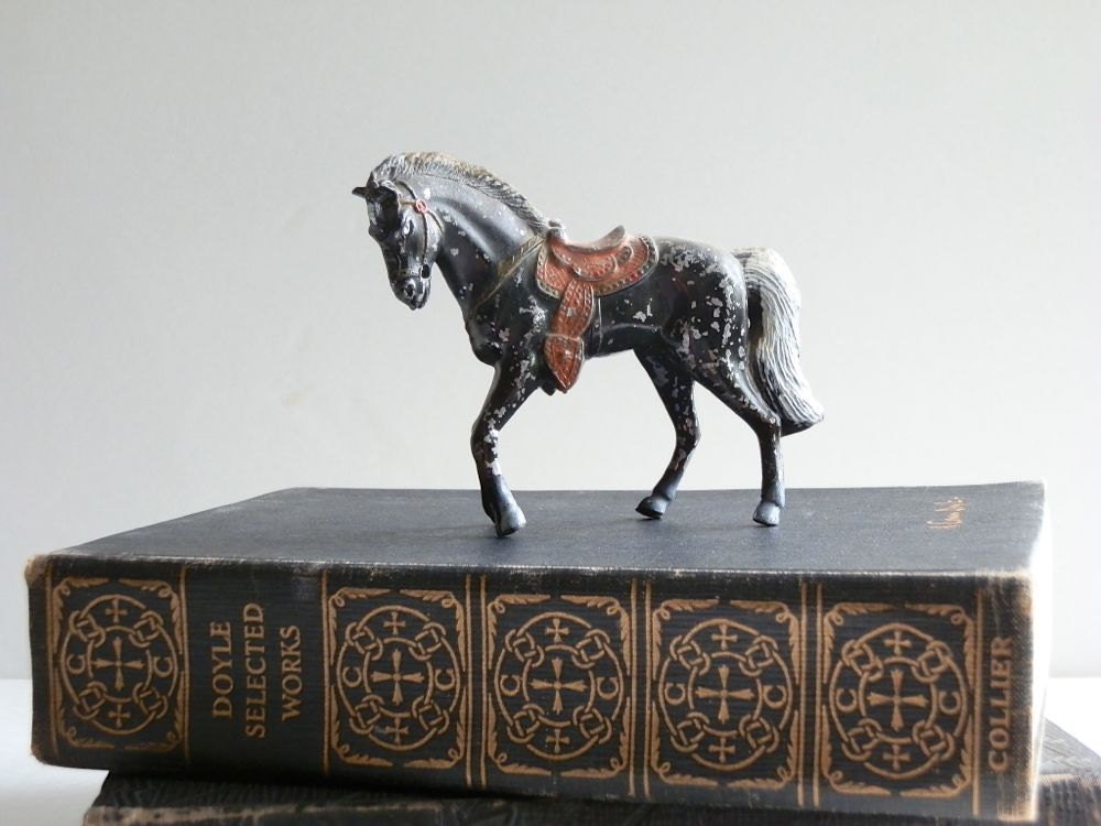 Vintage Toy Horse Figurine Black Stallion Diecast Metal Red Saddle Horse Figurine Photo Prop
