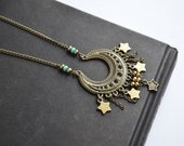 Moon and Stars Necklace, Gypsy Dangle Stars Moon Necklace, Turquoise Seed Beads, Bohemian Moon and Stars