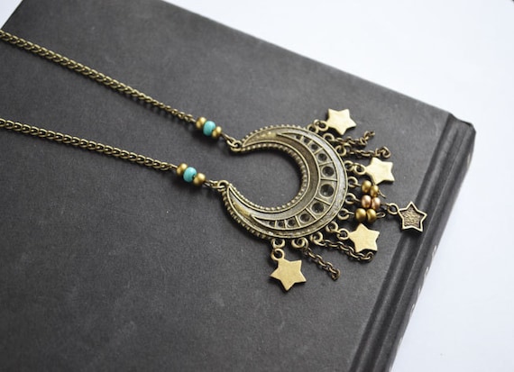 Moon and Stars Necklace, Gypsy Dangle Stars Moon Necklace, Turquoise Seed Beads, Bohemian Moon and Stars
