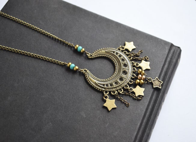 Moon and Stars Necklace, Gypsy Dangle Stars Moon Necklace, Turquoise Seed Beads, Bohemian Moon and Stars