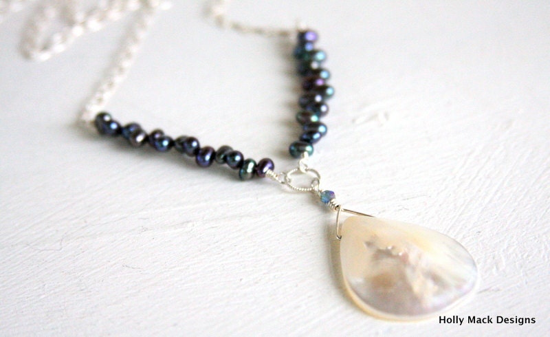 Mother of pearl freshwater pearls peacock sterling silver chain Swarovski crystals sterling silver toggle