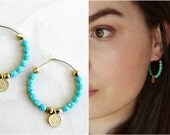 Back in time Hoops Earrings. Turquoise Gold. Fashion. Gift for her, Coin Jewelry. Bohemian, Romantic Hoops