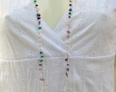 Crocheted Long Necklace in Metallic Gold Thread, Amethyst, Rose Quartz,Turquoise Modern Boho Simple Everyday Chic, Dainty, Delicate, Slip on