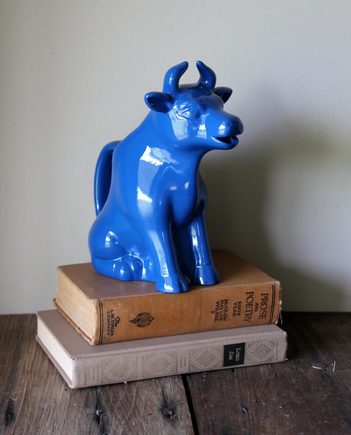 Cow Kitchen Decor Blue Figurine Pitcher Vintage Vase Ceramic Painted Upcycled Repurposed Kitsch Blue Cobalt