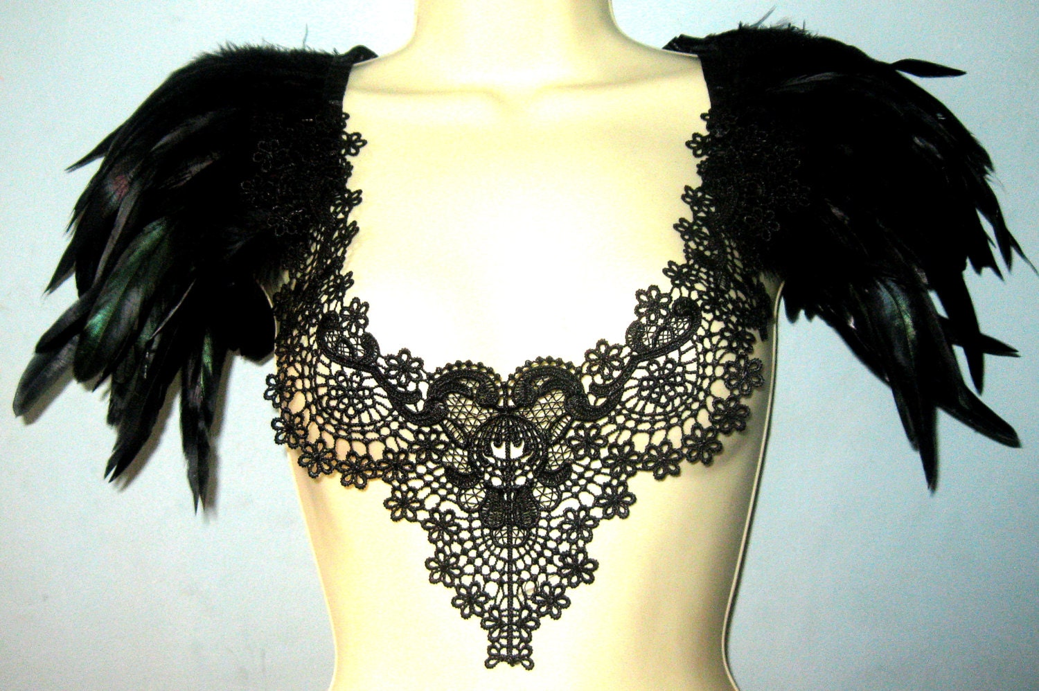 Steampunk collar black feather and lace burlesque statement collar corset top with epaulettes epaulets ready to ship