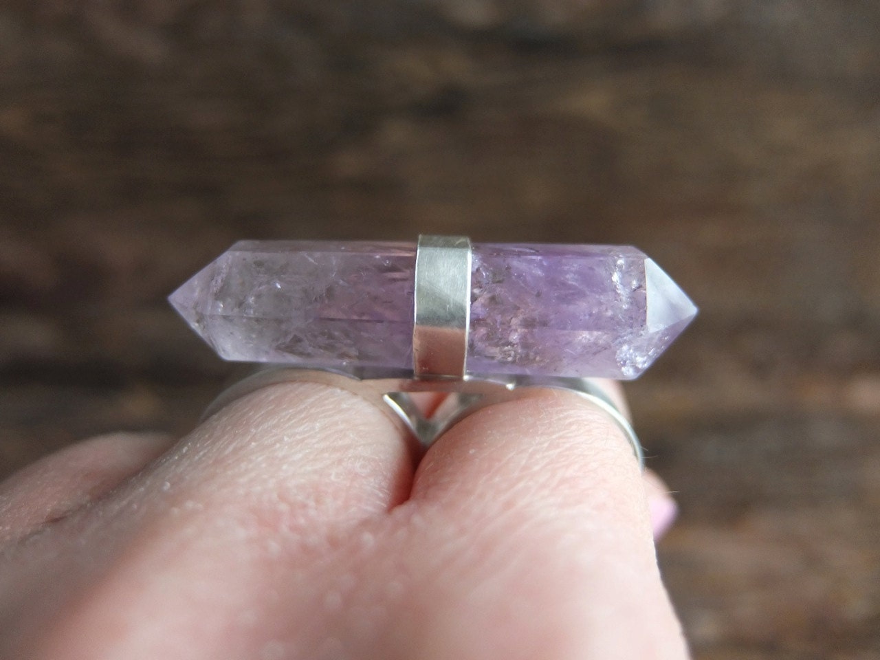Amethyst Banded Sterling Silver Double Finger Ring