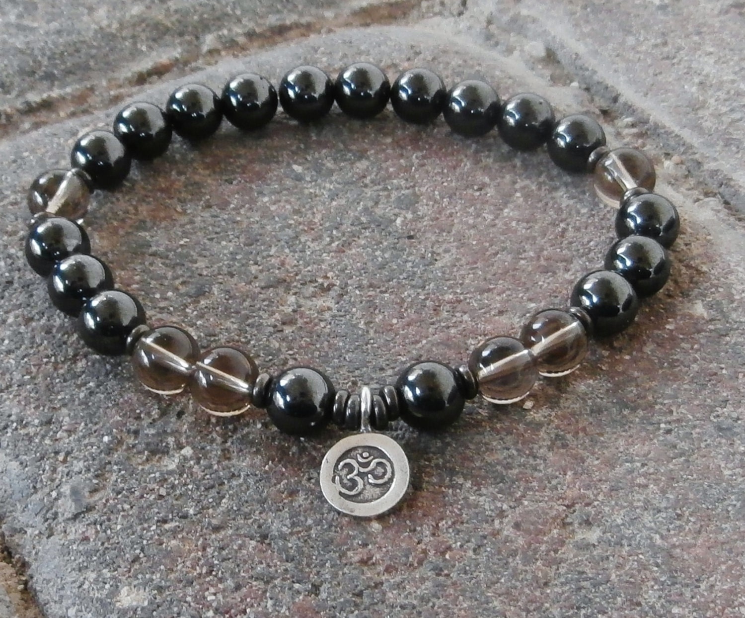 POSITIVITY Men's Hematite & Smokey Quartz with Fine silver Om charm, mens mala, Energy bracelet,  Reiki charged, Free shipping