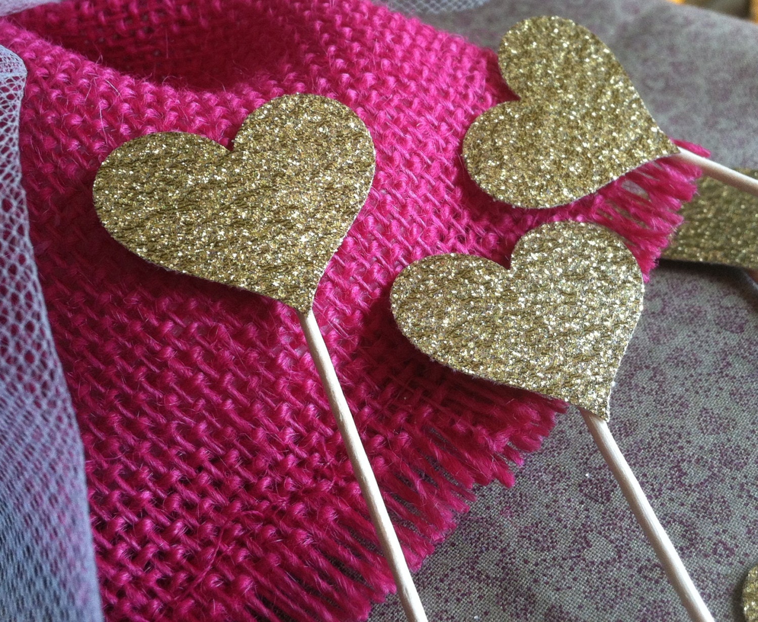 120 Cupcake Toppers Sparkling GOLD HEARTS Wedding Cake Decorations