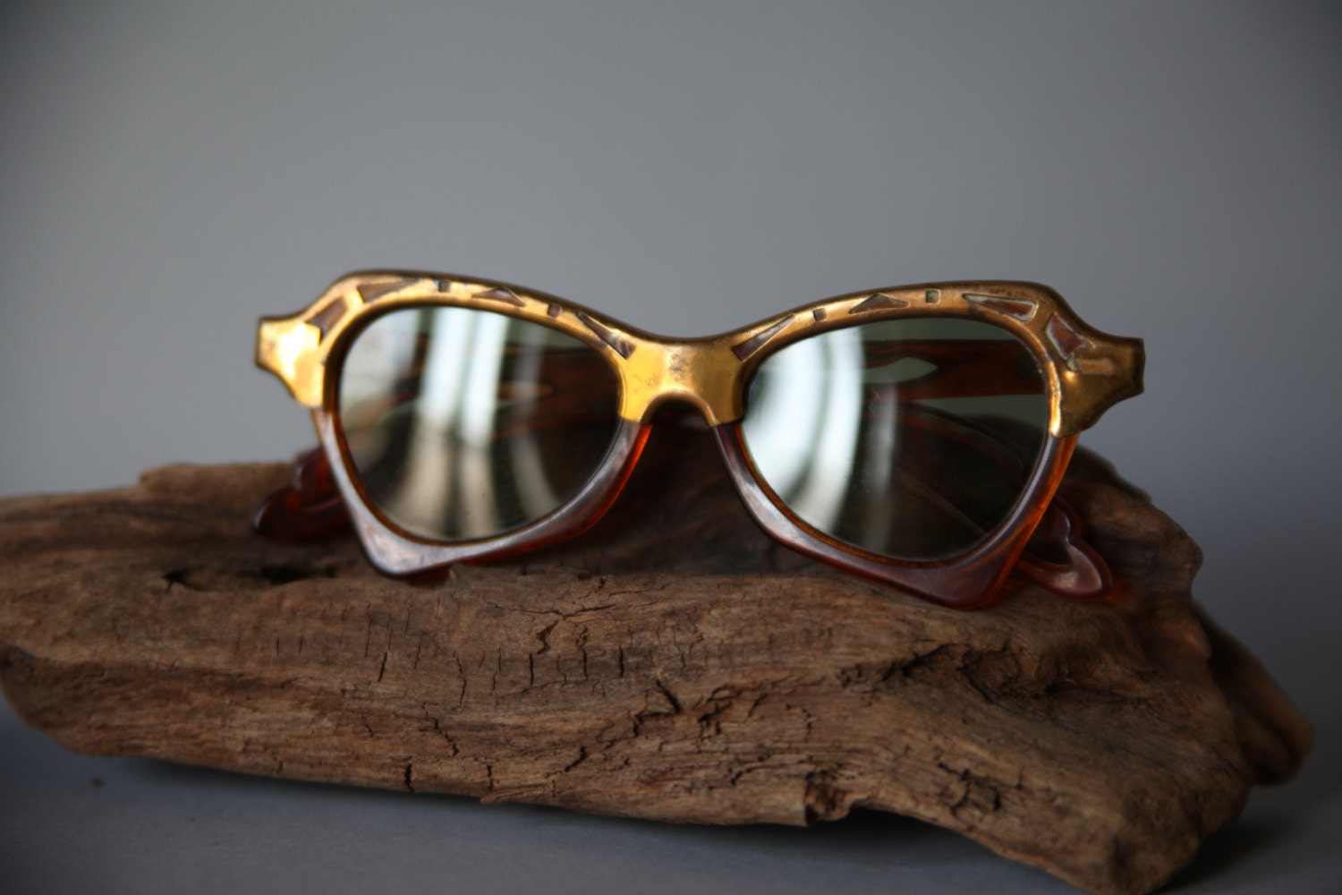 Vintage Amber & Gold Geometric Cutout Sunglasses